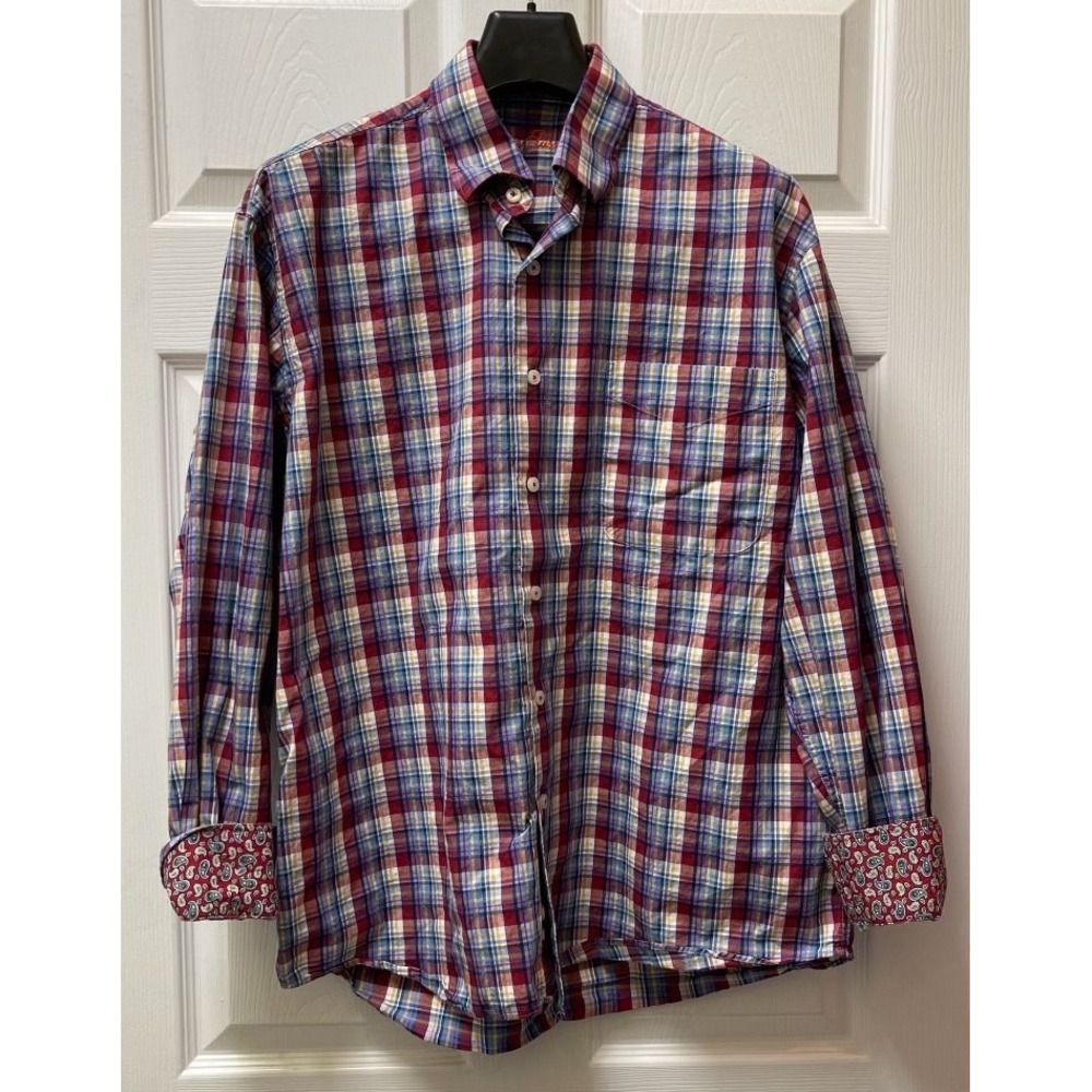 Alan Flusser Shirt Men's Large Red Yellow Blue Plaid Flip Cuff Long Sleeve